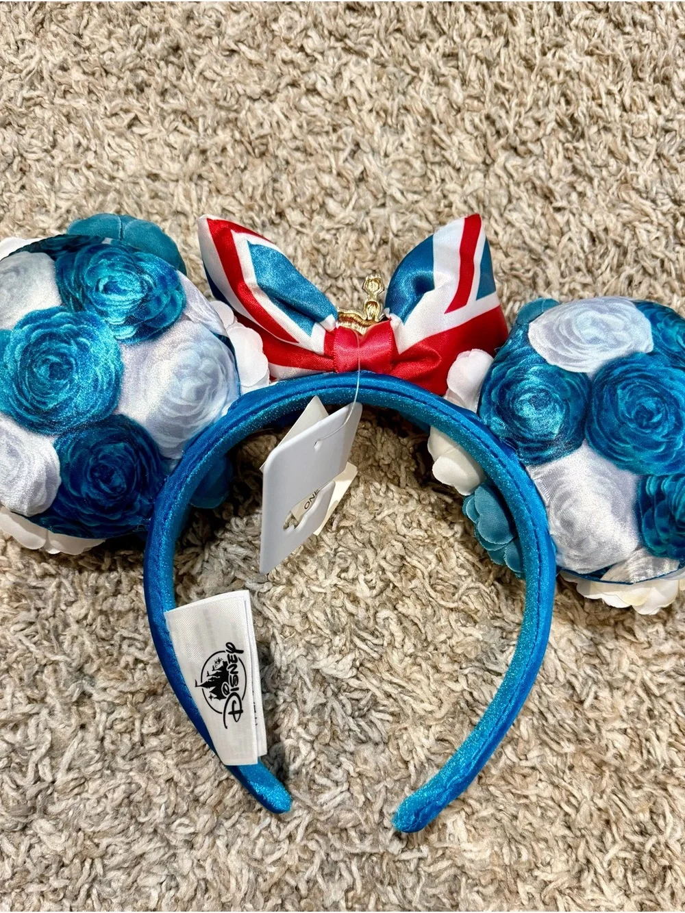 Epcot Disney Teal and White Floral Ear Headband with Union Jack Bow & Gold Crown